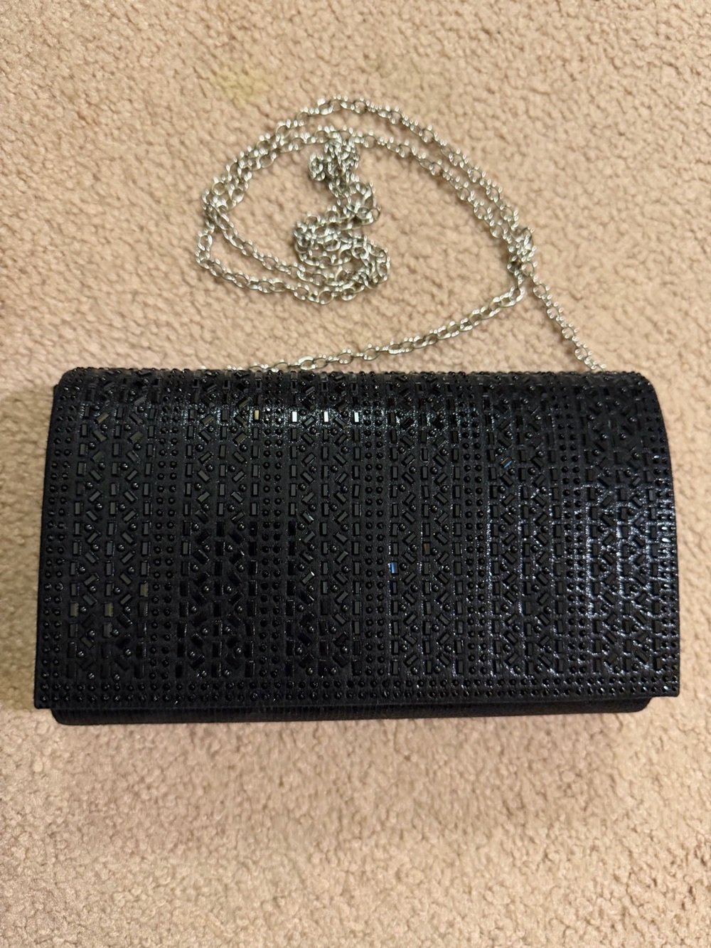 Black Beaded Evening Clutch Crossbody Purse Silver Chain NWT NWOT Formal